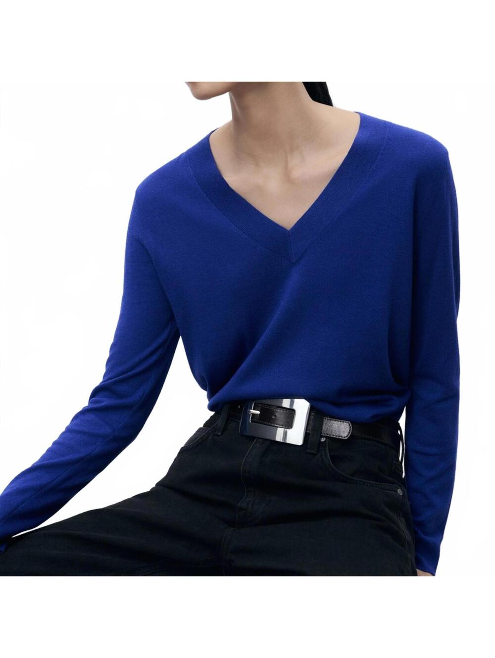 Mango Wool Blend V-Neck Knit Sweater Jersey NWT Luccav Vibrant Blue Medium